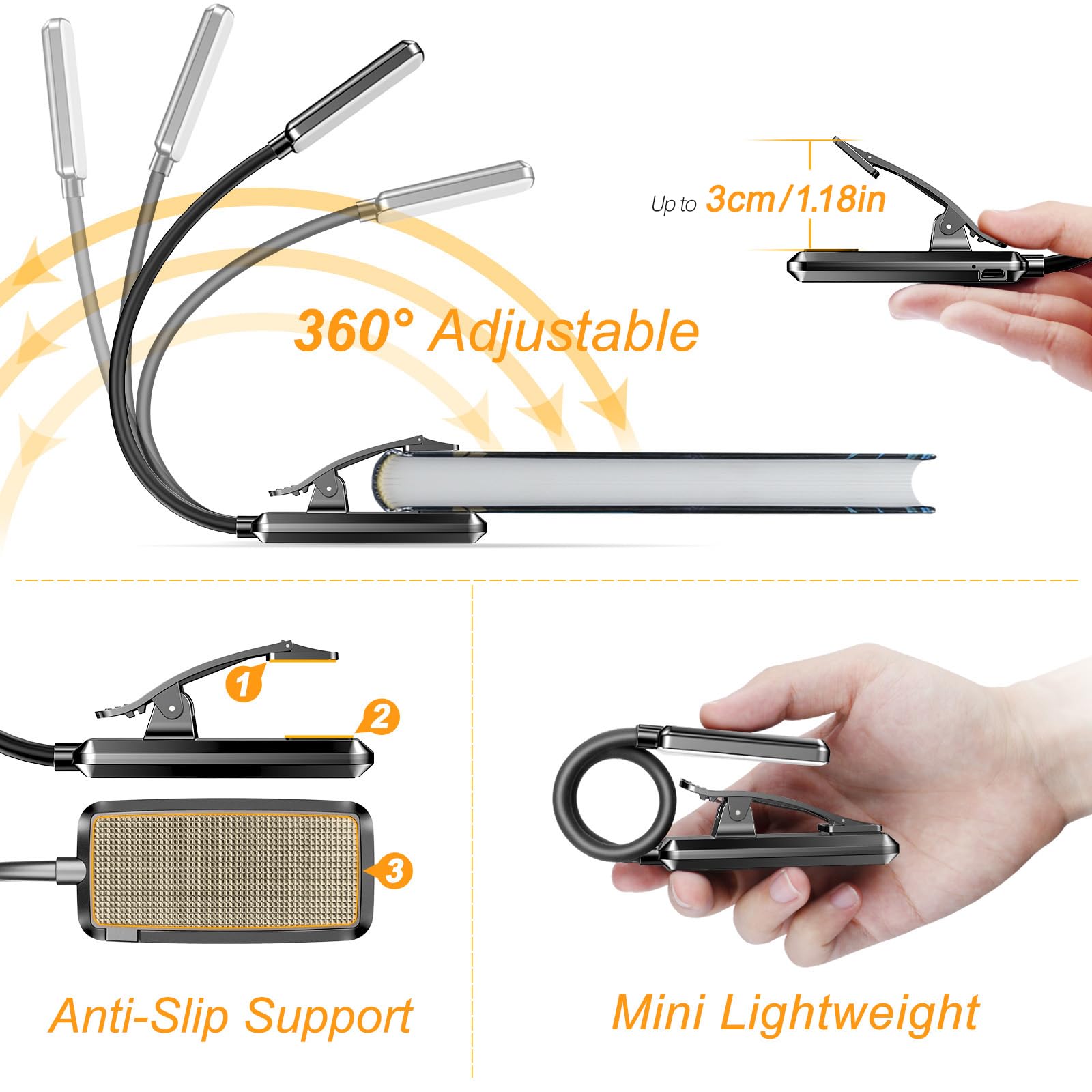 LED Rechargeable Book Light for Reading in Bed