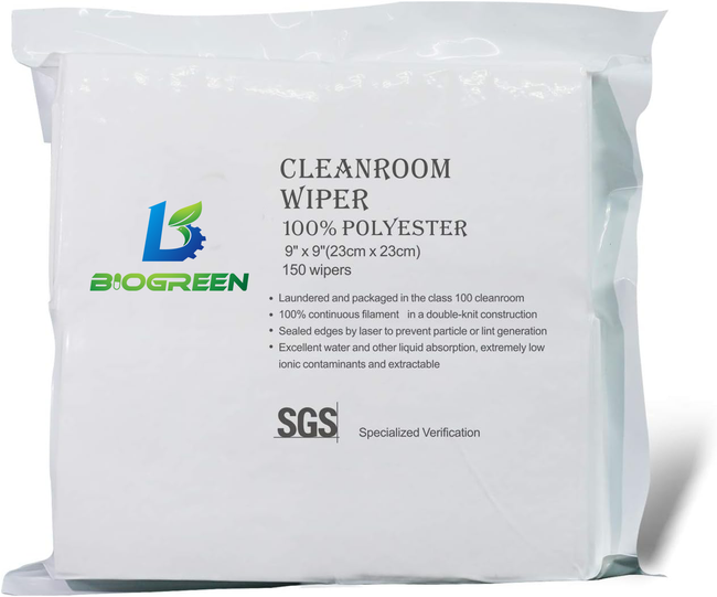 Biogreen Cleanroom Cloth Wipes 9"x9" (Bag of 150 Pcs) Double Knit 100% Polyester Wipers Lint Free Cloths with Ultra-fine Filaments, Laser Sealed Edge, Class 100 Cloths Hover Image